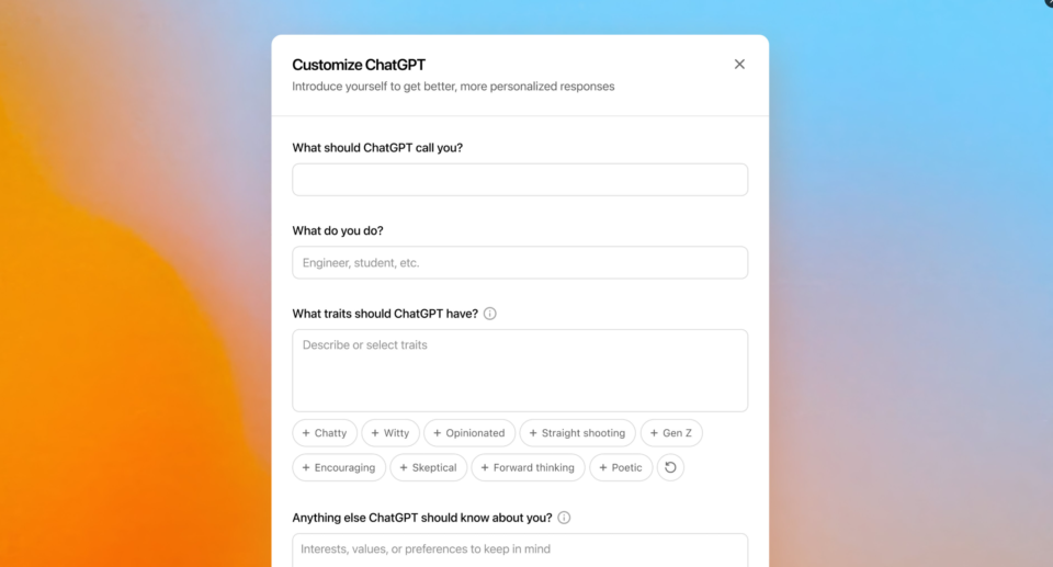 OpenAI extends ChatGPT with a “traits” field for more personalized chats